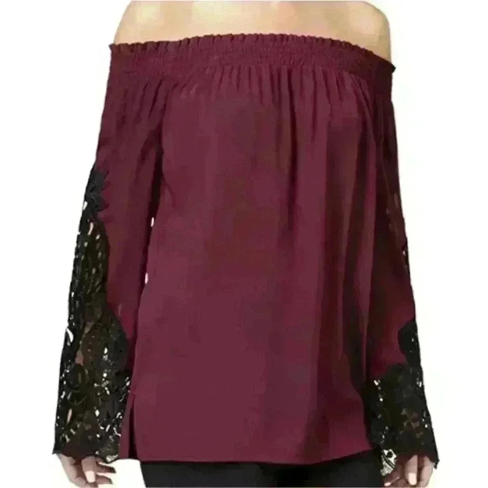Kobi Off Shoulder Smocked Blouse Burgundy Black Bell Sleeve Boho Top Small